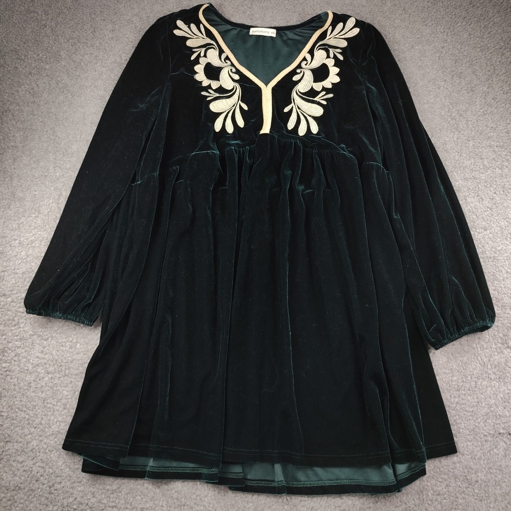 Rusttydustty Green Velvet Embroidered V-Neck Babydoll Mini Dress Boho Womens 4XL